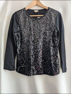 J. Crew Black Sequin Front Long-Sleeve Cotton Tee - XS